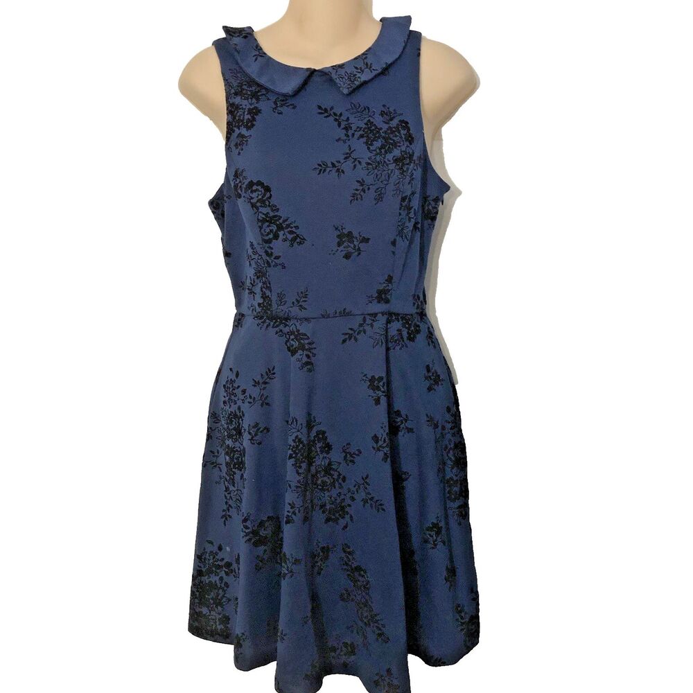 Lauren Conrad Dress 4 Blue Brocade Fit & Flare Sleeveless Peter Pan Collar Zip